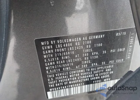 2015 Volkswagen Tiguan S из США, поврежденный, VIN WVGAV7AX1FW596411